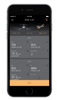 The private jet booking screen on Skyjet's new app for iPhone