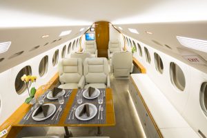 Cabin interior of the Falcon 7X newly available for charter from Southern California.
